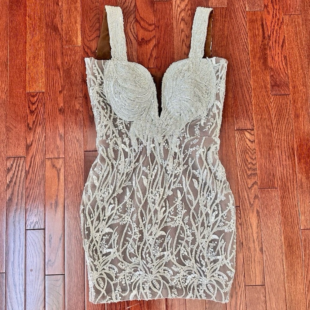 Handmade Silver Brown Beaded Embellished Off the Shoulder Corset Pencil Dress
